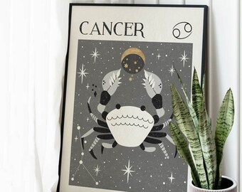 Zodiac Cancer Cat Print, Birthday Gift, Mystical Art, Tarot Card, Astrology Art, Star Sign, Boho Decor, Celestial Print, Gift for her