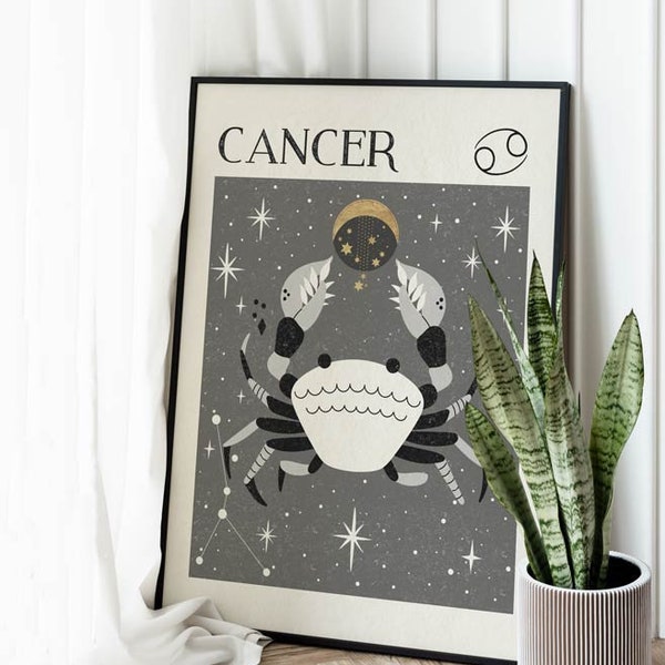 Impresión del gato del cáncer del zodiaco, regalo de cumpleaños, arte místico, carta del tarot, arte de la astrología, signo de la estrella, decoración Boho, impresión celestial, regalo para ella