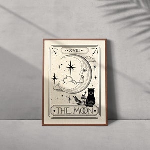 May include: A vintage-style tarot card with a black and white illustration of a crescent moon with a face and a black cat sitting below. The card is labeled "XVIII - THE MOON".