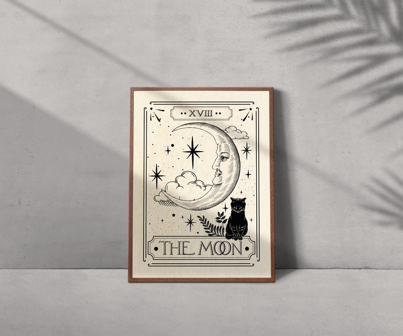 May include: A vintage-style tarot card with a black and white illustration of a crescent moon with a face and a black cat sitting below. The card is labeled "XVIII - THE MOON".