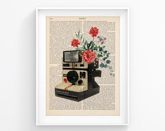 Polaroid Camera print, Vintage Flowers, Wall Print, Vintage Camera Print, Decorative Art, Photographer Wall Art