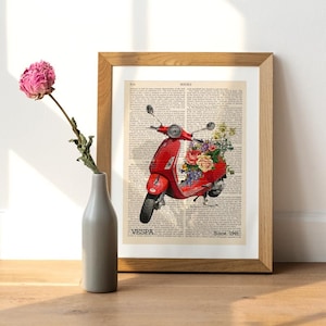 Vespa Print with Vintage Flowers, Red Vespa Artwork, Italian Scooter Print, Retro Vespa Print, Vintage Scooter Art