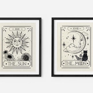 The Sun and The Moon Tarot Card Print Set of 2, Celestial Wall Prints, Mystical, Neutral Decor, Astrology Posters, Tarot Card Art, Boho Art