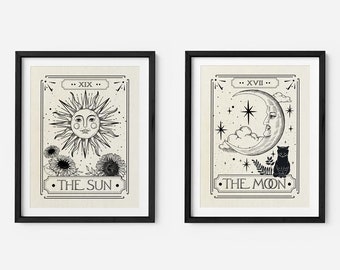The Sun and The Moon Tarot Card Print Set of 2, Celestial Wall Prints, Mystical, Neutral Decor, Astrology Posters, Tarot Card Art, Boho Art