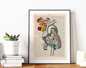 Impression d’anatomie cardiaque, affiche médicale avec des fleurs, illustration du cœur, diplômé en médecine, anatomie humaine