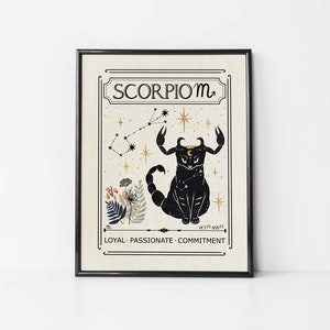 May include: A black and white illustration of a scorpion with a constellation of stars in the background. The text "Scorpio" is at the top of the image, and the text "Loyal - Passionate - Commitment" is at the bottom.