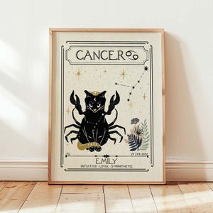Impression personnalisée de chat du zodiaque cancer, impression céleste, cadeau personnalisé pour elle, anniversaire, art mystique, carte de tarot, art astrologique, signe du zodiaque
