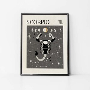 May include: A black and white illustration of the Scorpio zodiac sign with a scorpion, stars, and a crescent moon on a dark gray background. The text "SCORPIO" and the symbol "m" are in white.