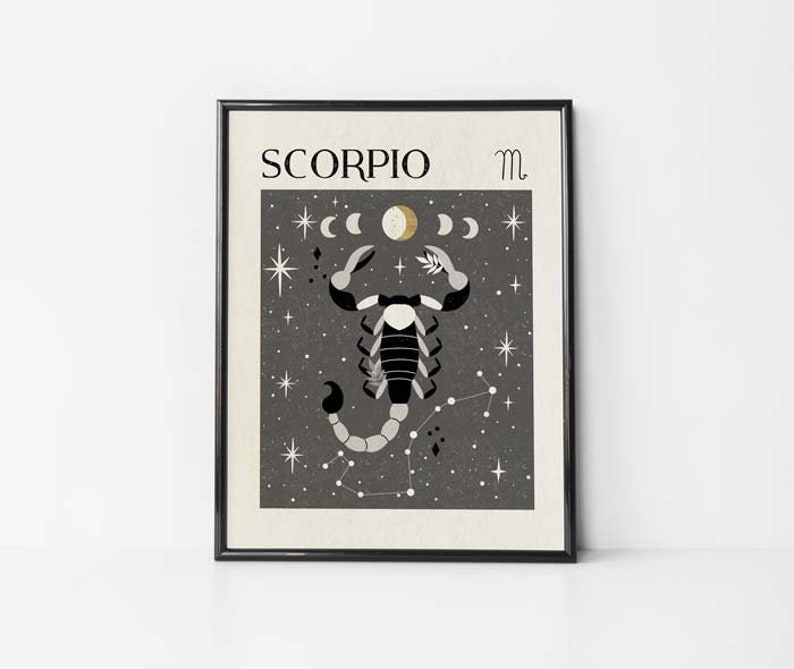 May include: A black and white illustration of the Scorpio zodiac sign with a scorpion, stars, and a crescent moon on a dark gray background. The text "SCORPIO" and the symbol "m" are in white.