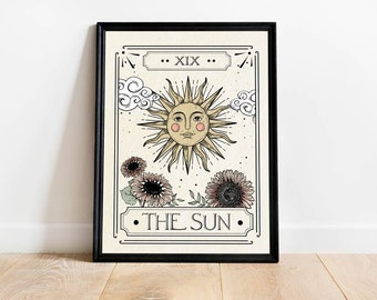 The Sun Tarot Card Print, Astrology Posters, Tarot Card, Boho Art, Celestial Wall Prints, Mystical Art Print, Neutral Decor