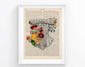 Wall Print Vintage Illustration Decorative Art / Corset, Sewing vintage flowers Upcycled Page decor, Retro Print, Poster Book print 120