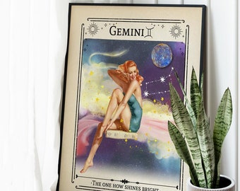 Zodiac Gemini Pin Up Girl Print, Gift for friend, Birthday, Astrology, Star Sign, Boho Decor, Celestial Print, Mystical Art, Neutral Decor