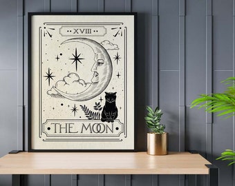 The Moon Tarot Card Print, Celestial Home Decor, Mystical Wall Art, Neutral Decor, Astrology Posters, Tarot Card, Celestial Print