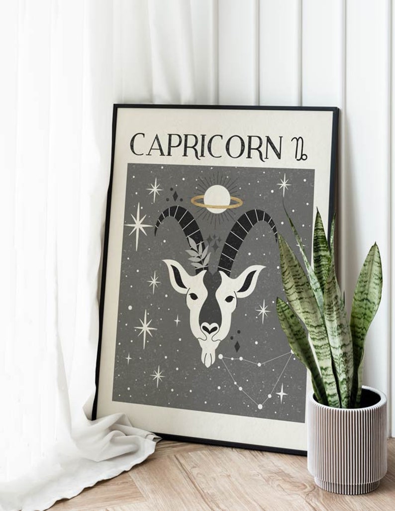 Zodiac Capricorn Print, Mystical Art, Tarot Card, Celestial Print, Gift for friend, Birthday Gift, Astrology Art, Star Sign, Boho Decor image 2