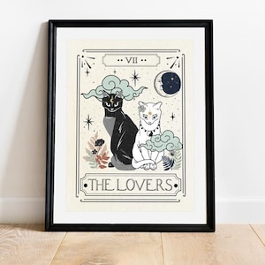 The Lovers tarotkaart print, hemelse muur prints, mystieke kunst print, neutraal decor, astrologie posters, taro wanddecoratie, kat kunst print