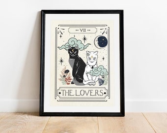 The Lovers Tarot Card Print, Celestial Wall Prints, Mystical Art Print, Neutral Decor, Astrology Posters, Taro wall decor, Cat Art Print