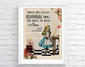 Alice in Wonderland TEA Poster Upcycled Page book Print, Vintage Illustration, Wall decor Retro Poster Vintage Book print 055