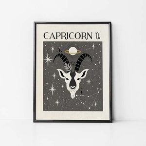 Zodiac Capricorn Print, Mystical Art, Tarot Card, Celestial Print, Gift for friend, Birthday Gift, Astrology Art, Star Sign, Boho Decor image 1