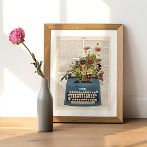 Póster vintage de máquina de escribir, máquina de escribir a máquina, impresión de máquina de escribir con flores, arte de pared de máquina de escribir, decoración de oficina