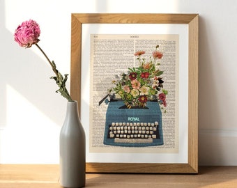 Typewriter Vintage poster, Type Writing Machine, Typewriter print with Flowers, Typewriter Wall Art, Office Decor