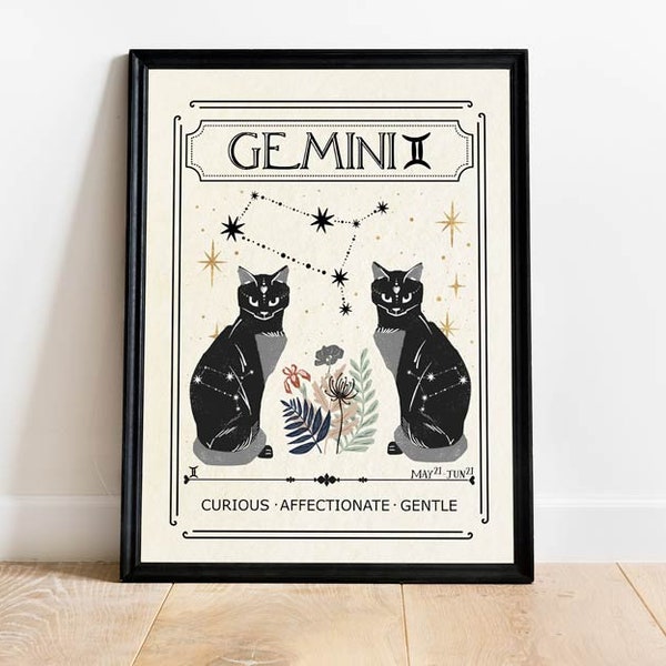 Zodiac Gemini Print, Gift for friend, Birthday, Astrology, Star Sign, Boho Decor, Celestial Print, Mystical Art, Neutral Decor, Tarot Card