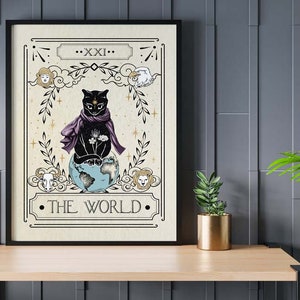 Il mondo - Stampa di gatto - Arte felina stravagante - Decorazione murale affascinante, stampa artistica mistica, poster di astrologia, regalo per gli amanti dei gatti