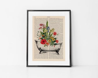 Clawfoot Tub Badezimmer Illustration Badewanne mit Blumen Badezimmer Kunst Bad Dekor Seite Retro Poster Vintage Buchdruck