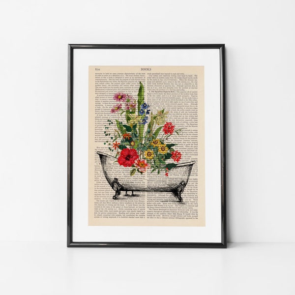 Clawfoot Tub Badezimmer Illustration Badewanne mit Blumen Badezimmer Kunst Bad Dekor Seite Retro Poster Vintage Buchdruck