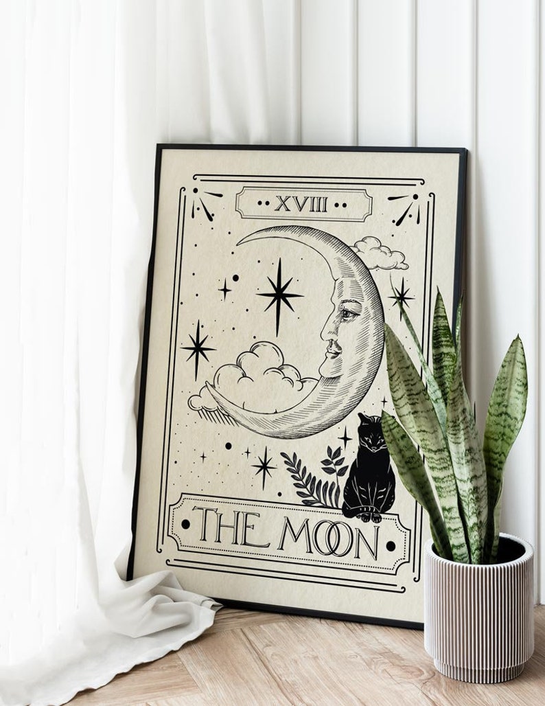 The Moon Tarot Card Print, Celestial Home Decor, Mystical Wall Art, Neutral Decor, Astrology Posters, Tarot Card, Celestial Print image 2