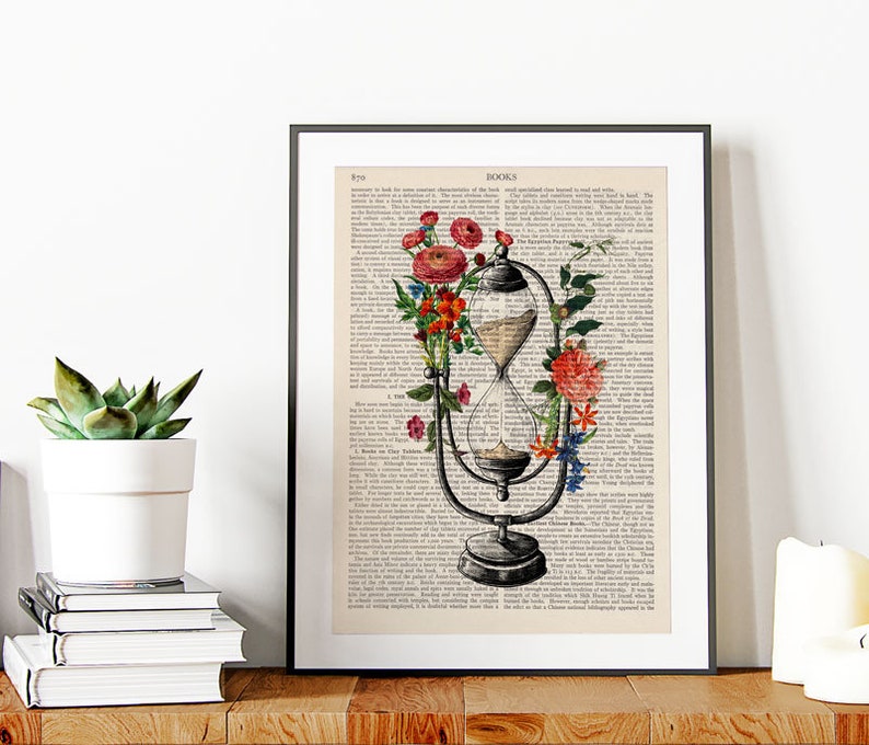 Hourglass Print, Vintage Flowers, Sand Clock, Sand Hourglass, Antique Hourglass image 1