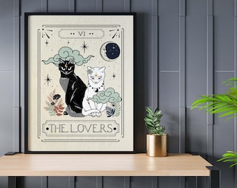 The Lovers Tarot Cats Poster | Rolled Poster, Tarot Cat Art Print
