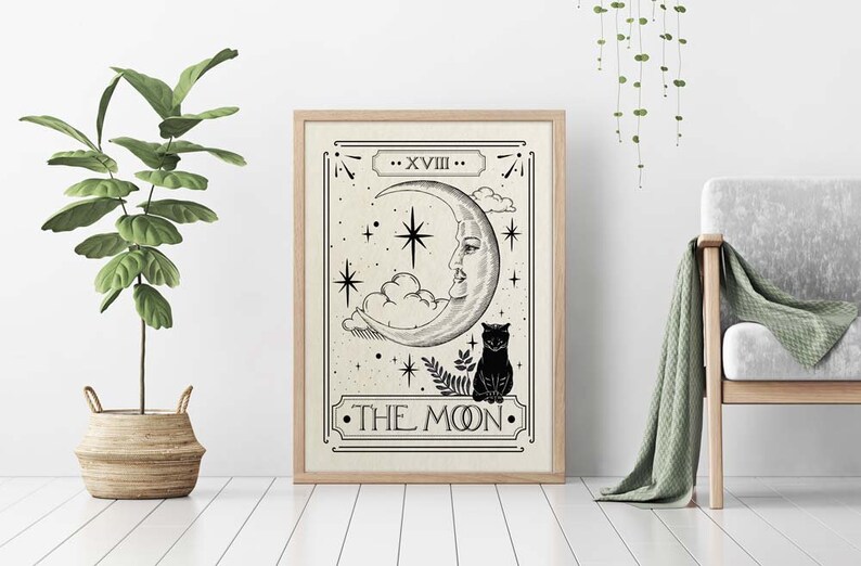 The Moon Tarot Card Print, Celestial Home Decor, Mystical Wall Art, Neutral Decor, Astrology Posters, Tarot Card, Celestial Print image 6