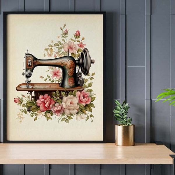 Affiche antique vintage de machine à coudre de chanteur avec des accents de fleurs pour la décoration de salle de couture