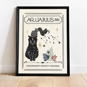 Art astrologique, impression chat zodiaque verseau, signe astrologique, art mystique céleste, cadeau pour un ami, anniversaire, carte de tarot, déco neutre bohème