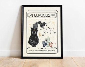 May include: A black cat with a constellation of Aquarius on its back, surrounded by stars and flowers. The text "AQUARIUS" is at the top of the image, and "INDEPENDENT-EMPATHY-ORIGINAL" is at the bottom.