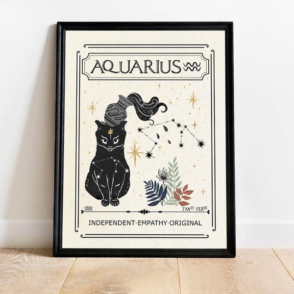 Astrology Art, Zodiac Aquarius Cat Print, Star Sign, Celestial Mystical Art, Gift for friend, Birthday, Tarot Card, Boho Neutral Decor