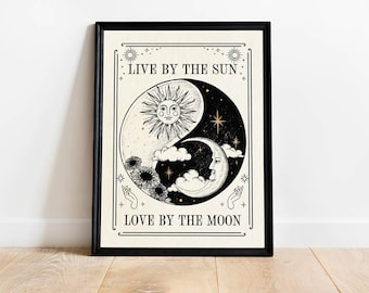 Vivir por el sol Amor por la luna, Impresiones de paredes celestiales, Impresión de arte místico, Decoración neutra, Carteles de astrología, Carta del tarot, Arte boho