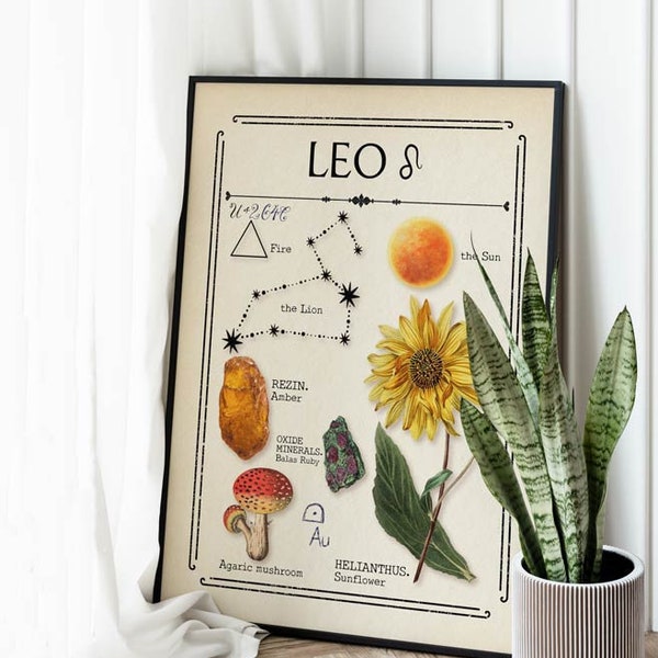 Zodiac Leo Print, Astrology Art, Star Sign, Birthday Gift, Boho Decor, Mystical Art, Tarot Card, Celestial Print, Gift for friend