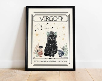 May include: A black cat with a floral crown sits in the center of a beige poster with a gold star and constellation design. The poster has a black frame and the text "VIRGO ♍ AUG. 23 - SEPT. 22 INTELLIGENT - CREATIVE - VIRTUOUS" at the bottom.