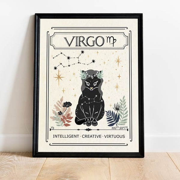 Zodiac Virgo Print, Astrology, Star Sign, Boho Decor, Celestial Print, Gift for friend, Birthday, Mystical Art, Neutral Decor, Tarot Card