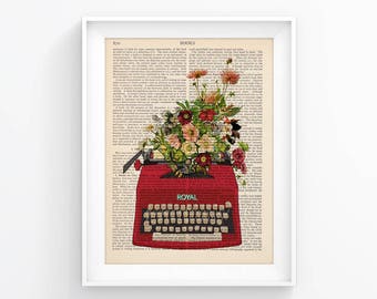 Typewriter Vintage poster Vintage Illustration / Flowers / Wall decor Decorative Art Book Page Retro Poster Vintage Book print 138