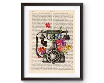Antique Telephone, Rotary Telephone Print, Vintage Illustration, Decorative Art, Vintage Flowers, Romantic Print, Book Print