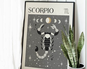Zodiac Scorpio Print, Star Sign, Boho Decor, Mystical Art, Tarot Card, Celestial Print, Gift for friend, Birthday gift idea, Astrology Art