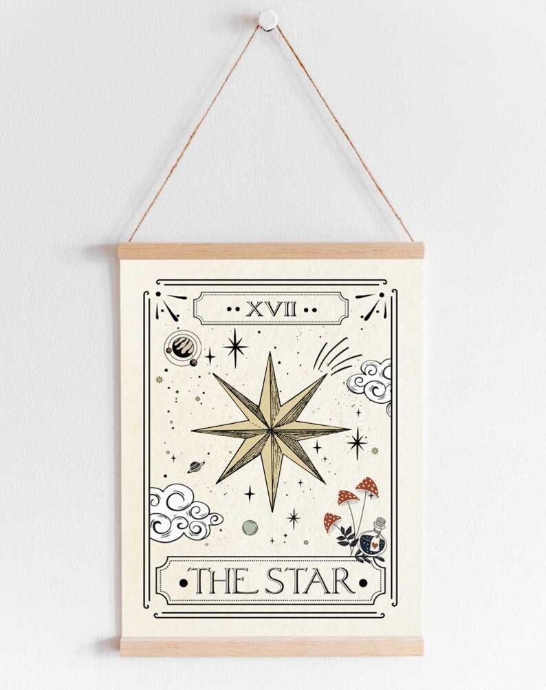 May include: A vintage-style tarot card illustration of The Star card. The card features a large, eight-pointed star in gold with a white outline. The star is surrounded by smaller stars, clouds, and a planet. The card is framed in a black border with the Roman numeral XVII and the text "THE STAR" in black.