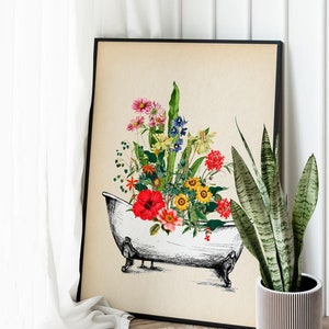 May include: A vintage style illustration of a white bathtub filled with colorful flowers. The bathtub has four legs and is drawn in black and white. The flowers are in shades of red, pink, yellow, blue, and green. The background is a cream color.