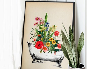 Illustration de salle de bain avec baignoire sur pieds Baignoire avec fleurs Décoration de salle de bain art déco