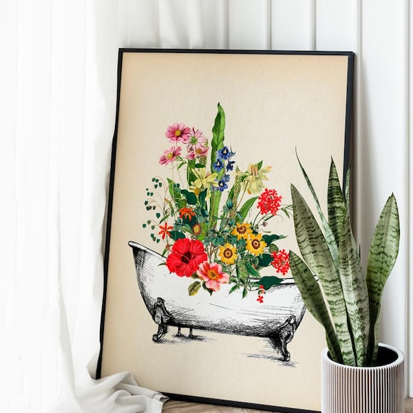 Clawfoot Tub Bathroom Illustration Bathtub with Flowers Bathroom Art Bath Decor