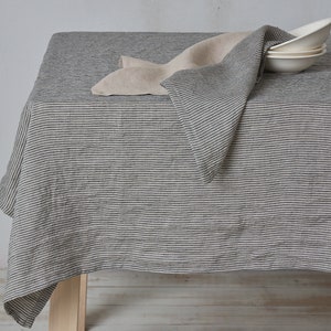 Leinen Tischdecke-Tischdecke-Tischwäsche-Natur und graphit Streifen- Gewaschene Leinen Tischdecke- Breite 140 cm x Länge nach Maß.