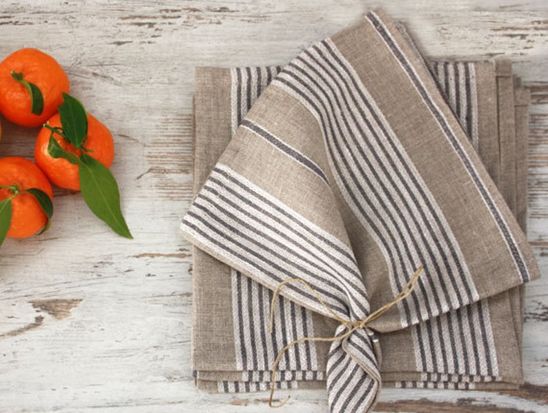 Linen Napkins,Set of 4-6-8 napk. Natural napkins with thin stripes in white and grey. 16.5x16.542x42cm . image 3