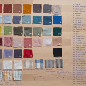 May include: A color chart of 37 different linen fabric swatches. The swatches are arranged in rows and columns, with each swatch labeled with a number and a color name. The color names include peach, burst orange, cinnamon, rusty brown, saffron, cocoa, dark grey, light grey, icy blue, bluish grey, blueberry, greyish duck egg, teal, blue, royal blue, navy blue, citron, matcha green, forest green, sage green, grey green, light sage green, strawberry, wine red, foxglove, dusty pink, canyon rose, blush pink, peony pink, dusty purple grey, purple grey, lavender, royal purple, fiery red, emerald green, and dusty peach.